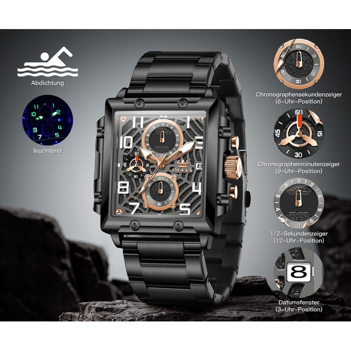 Чоловічий наручний годинник OLEVS Chronograph з шкіряним ремінцем, японський кварцовий механізм, водонепроникний, класичний елегантний стиль (модель 2958, чорний)