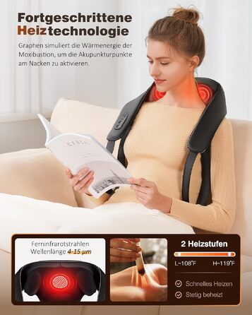Бездротовий масажер для шиї та плечей KNQZE Shiatsu 4D з функцією підігріву, чорний (стандарт)