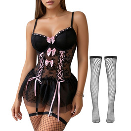 Комплект жіночої спокусливої білизни FEOYA: мереживний боді, корсет, трусики, панчохи, чорний, розмір XL