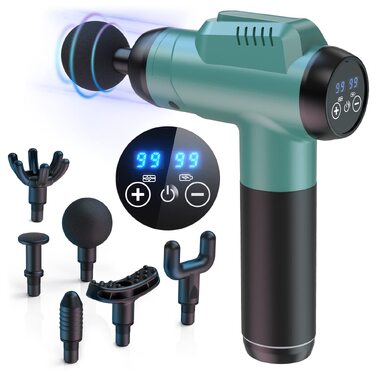 Перкусійний масажер Timiyou Massage Gun: 99 рівнів інтенсивності, до 9800 об/хв, 6 насадок, безшумний масажний пістолет для спини та шиї, Peacock Blue