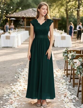 Елегантна вечірня сукня Dressystar довга, мереживна, шифонова, для весілля та балу, з рукавами-крильцями, зелена, розмір L