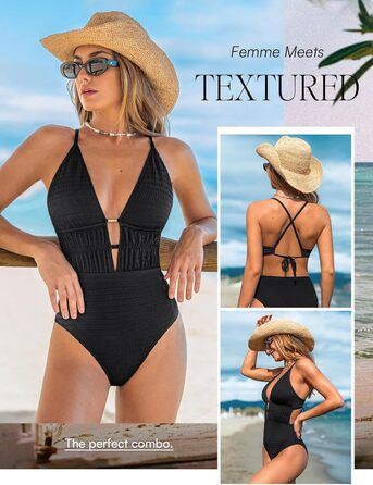 Чоловічий купальник CUPSHE з глибоким V-подібним вирізом, на зав'язках, з текстурою, одноцільний, чорний