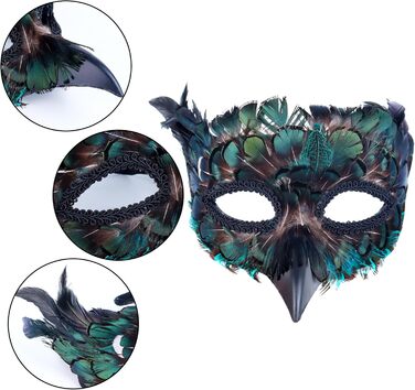 Венеціанська маска для жінок та чоловіків, маска для маскараду, маска з пір'ям, маска Равен для карнавалу, Фашинг, Хелловіну, косплею, аксесуари до костюма (зелена)