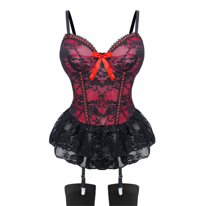 Сексуальна спідня білизна для жінок: комплект мереживний боді з панчохами, лямками, тедді, бабідолл з стріжками. Ідеально для Хелловіну та Різдва, червоний колір