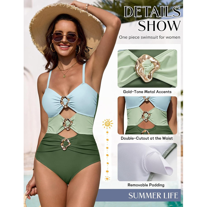 Жіночий суцільний купальник UMIPUBO Monokini з рюшами, колірний блок, зелений XL