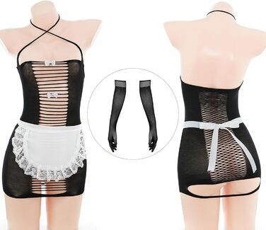 Сукня-сітка JasmyGirls для жінок у стилі французької служниці, комплект з панчохами, фартухом та рукавичками, чорний, X-Small - Large