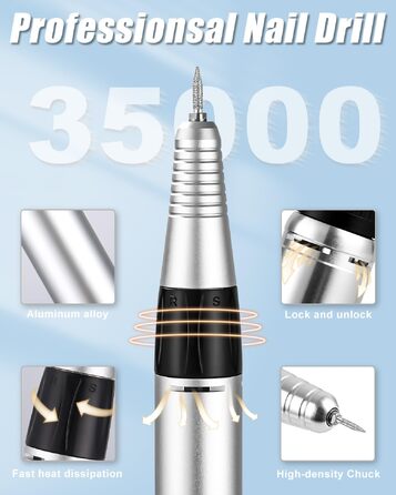 Електричний апарат для манікюру та педикюру 35000 об/хв з LCD-дисплеєм, сенсорним керуванням, педаллю та набором з 6 фрез для нарощених нігтів та гель-лаку