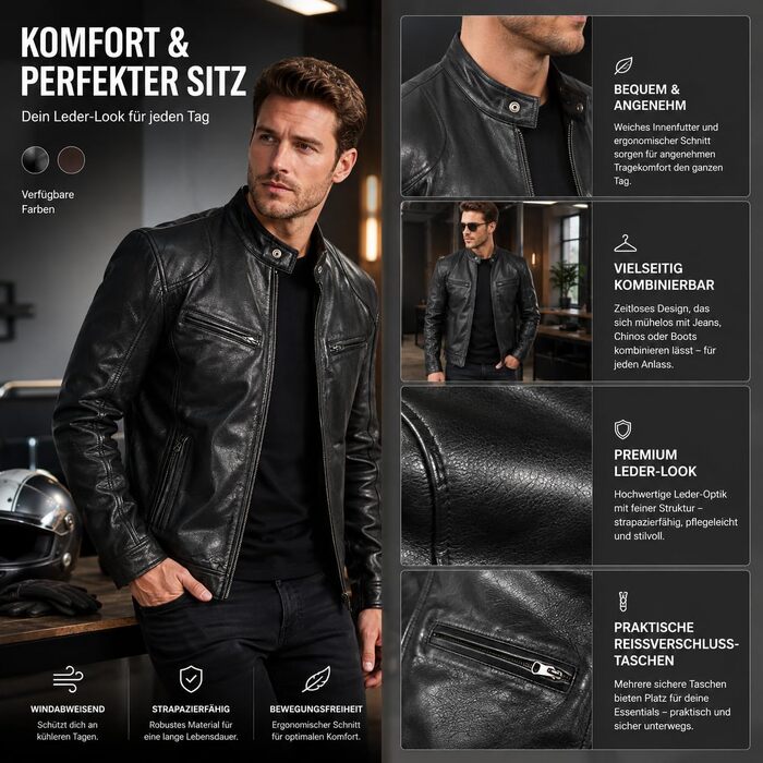Чоловіча шкіряна куртка-байкер Slim Fit зі стійким коміром, чорна екошкіра, вінтажна легка перехідна куртка для мотоциклістів, розмір XXL