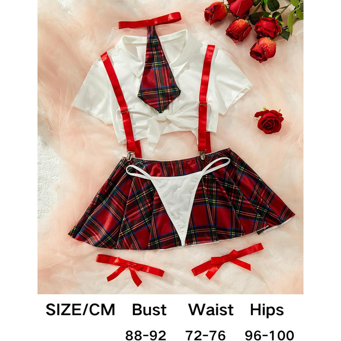 Жіночий комплект нижньої білизни JFAN: ролеплеї, міні-спідниця, рожевий в клітинку