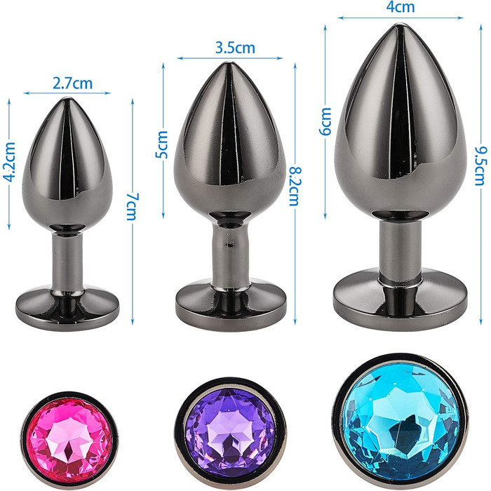 Набір анальних пробок 3 шт. з металу (Gunmetal) – велика, середня, мала. Підходить для початківців, жінок, чоловіків, пар. Кольори: синій, фіолетовий, рожевий. Іграшки для дорослих.