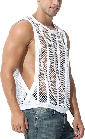 Чоловіча майка з сіткою та смугами, прозора, без рукавів, з вирізами, сітка, зелена (L, білий)