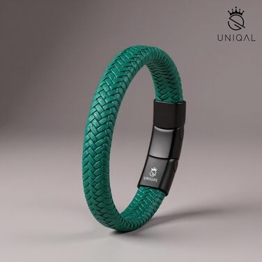 Чоловічий шкіряний браслет UNIQAL 'BRAID' з нержавіючої сталі, плетений, чорний з зеленим, 21 см (у подарунковій коробці)