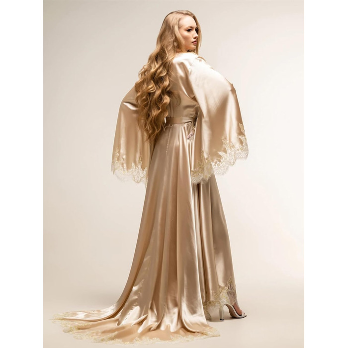 Шовковий халат для нареченої з мереживом, Kimono, довгі рукави, шампань, для весілля та вечірки
