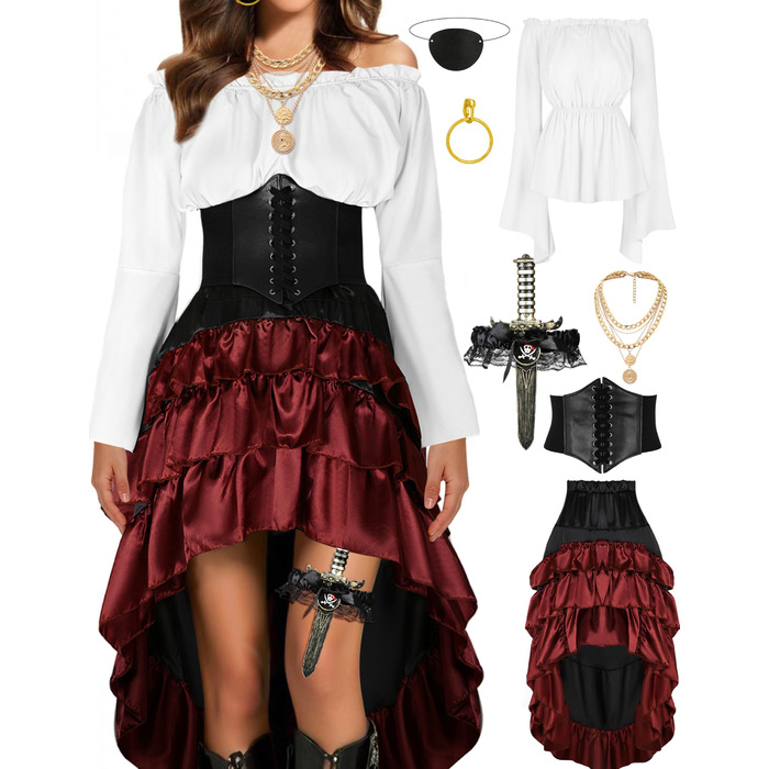 Костюм пірата для жінок CICOCI: ренесансний корсет, стеampunk спідниця, топ, аксесуари пірата, повний костюм на Хелловін, білий/Розкішний сад