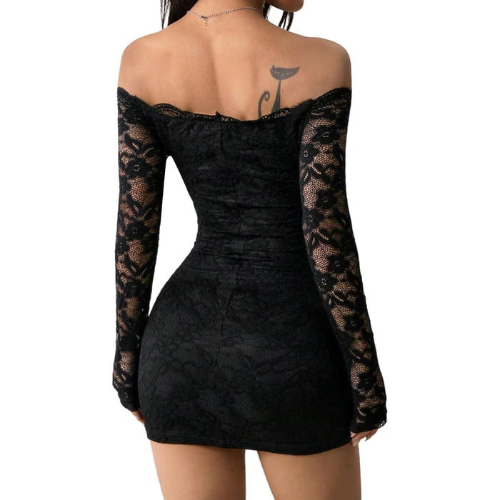 Сукня SweatyRocks з мереживом, чорна: елегантна міні з довгим рукавом, готичний стиль, сексуальний дизайн, без бретелек, для вечірок та фестивалів
