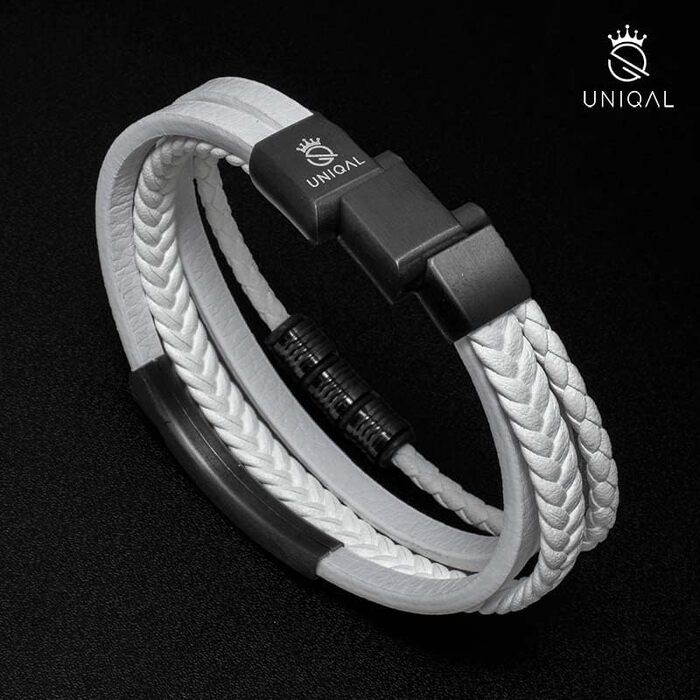 Чоловічий шкіряний браслет UNIQAL 'BLACK SHAPE' з нержавіючої сталі, натуральна шкіра, білий, 21 см (у подарунковій коробці)