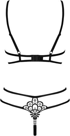 Сексуальний жіночий комплект білизни Selente Love & Fun: бюстгальтер, танга, пояс для живота (опціонально), шовкова маска для очей. Виготовлено в ЄС (S-M, чорний з бретельками, мереживний).