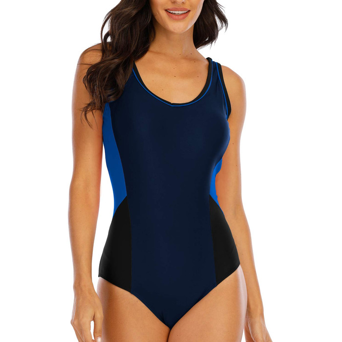 Спортивний купальник Halcurt для жінок з вбудованими чашками, суцільний, U-подібний виріз, колір: кобальтово-синій, розміри S-XXL