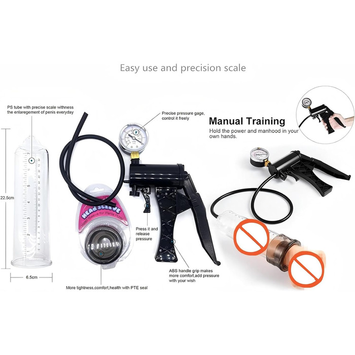 Пумпа для збільшення пеніса з манометром. Ручна пумпа для тренування ерекції з 6 кільцями. Іграшка для чоловіків.