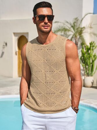 Чоловіча в'язана майка Runcati без рукавів з відкритим декором, кроп-топ, літня пляжна сорочка в стилі хіпі (Хакі, L)