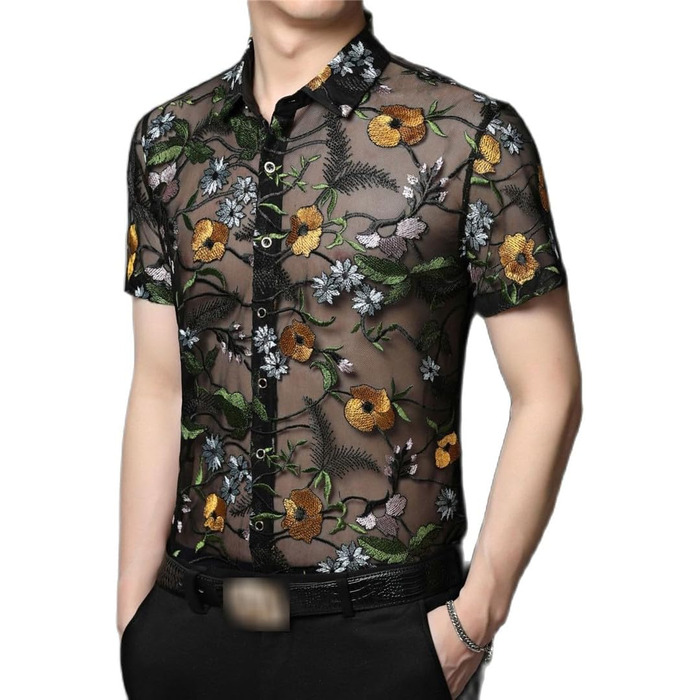 Чоловіча сорочка Yeuyyben з квітковою вишивкою, прозора, літня, з короткими рукавами, для вечірок, клубів, випускних, чорна