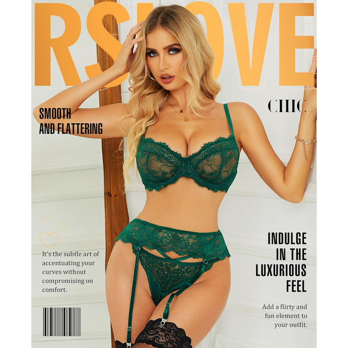 Комплект нижньої білизни RLOVE для жінок: бюстгальтер, трусики, мереживний набір (S, Зелений)