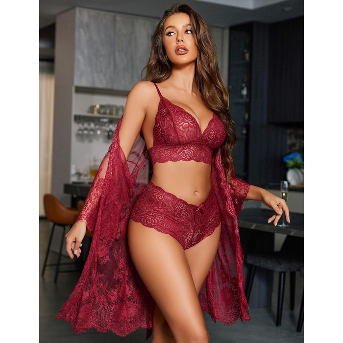 Avidlove Сексуальна жіноча білизна комплект мереживо 3-частинний негаліж, мереживний нічний халат, мереживна білизна комплект з бюстгальтером та трусиками, витончений, бордовий