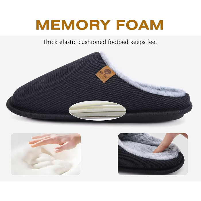 Чоловічі домашні капці ONCAI з ефектом пам'яті Memory Foam, підкладкою зі штучного хутра та гумовою підошвою, чорні, розмір 45 EU