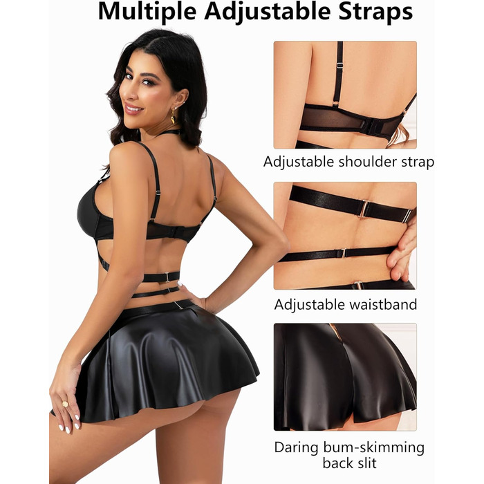 Елегантний костюм Evelife з чорного штучної шкіри: міні-сукня та бюстгальтер push-up з металевим ланцюжком. Ідеально для вечірок, клубів та тематичних заходів. Розмір M.