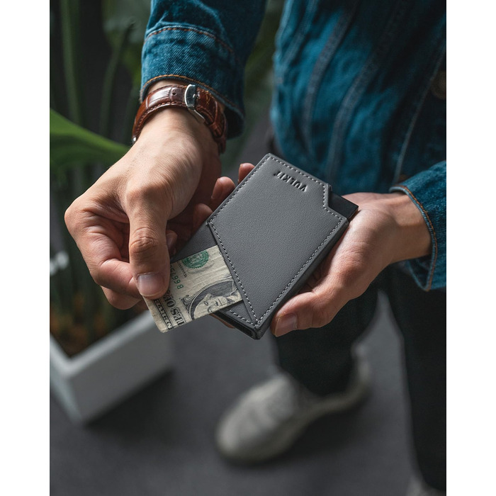 VULKIT Сліманий металевий картхолдер з RFID-захистом та Pop-up механізмом, гаманець з відділенням для купюр та монет, сірий