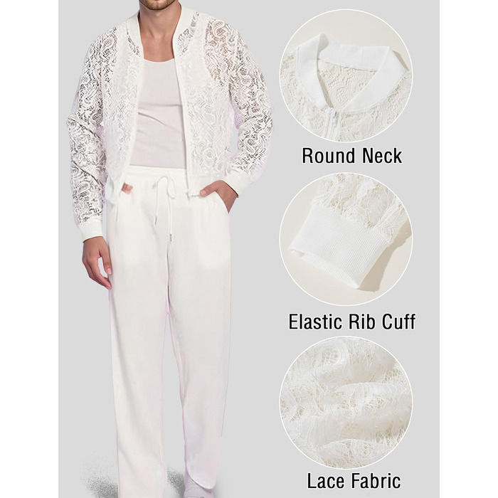 Чоловіча мереживна куртка AIEOE з довгим рукавом, сітка, топ, мереживний блейзер для вечірок, клубів, прозорий топ, мереживний топ для клубу, Fasching, білий