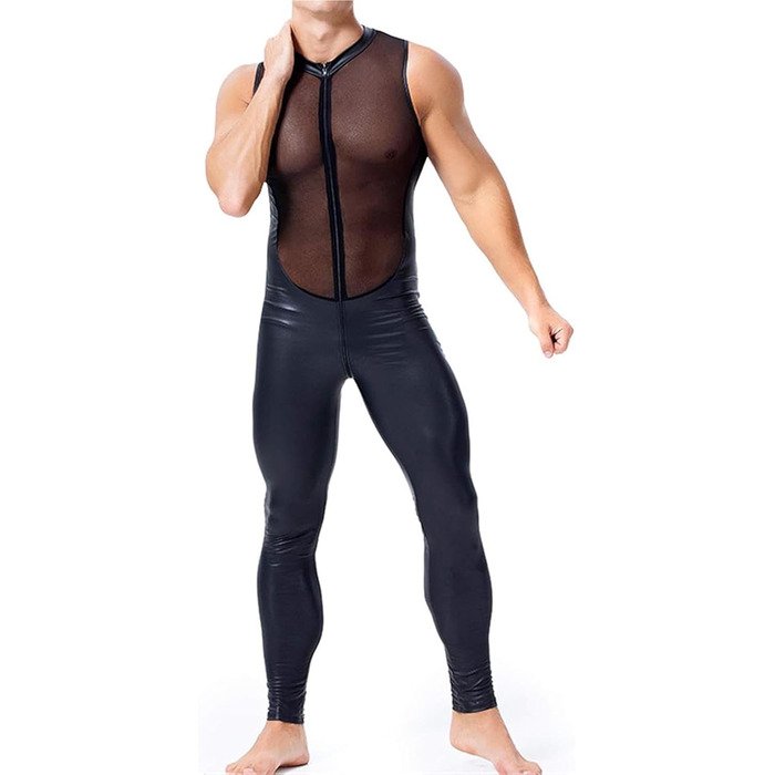 Боді з латексу для чоловіків, чорний, XL. Латексний костюм з сіткою, цілісний, з довгими рукавами, для клубів, штучна шкіра.