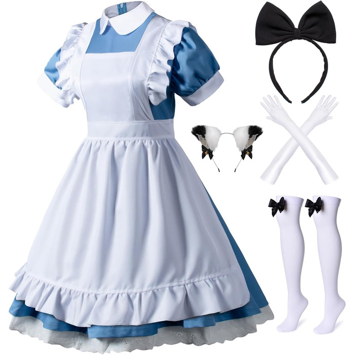Костюм для косплею в стилі аніме Lolita, французька служниця, 6 предметів: спідниця, рукавички, головний убір, шкарпетки, XXL, блакитний