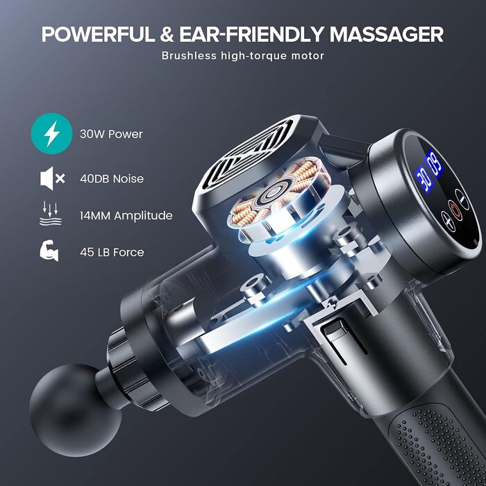 Перкусійний масажер ANSGEC Massage Gun: електричний пістолет для глибокого масажу м'язів, 30 рівнів швидкості, 8 насадок, для шиї та спини