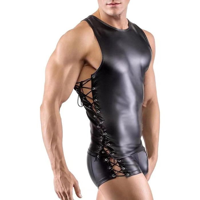 Чоловіча ременна майка з латексу, чорна XL | Сексуальна білизна, облягаючий топ з еластичної шкіри