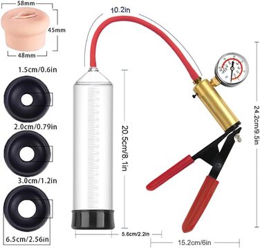 Ручна вакуумна помпа для збільшення пеніса NAIXBTY для чоловіків з 3 силіконовими кільцями, манометром та зручним ручним захватом