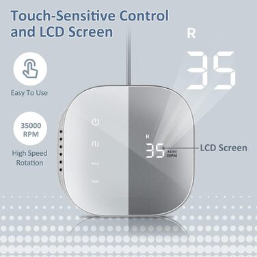 Професійний електричний апарат для манікюру та педикюру Madenia TouchPro, 35000 об/хв, з HD-дисплеєм та набором з 6 фрез, сірий