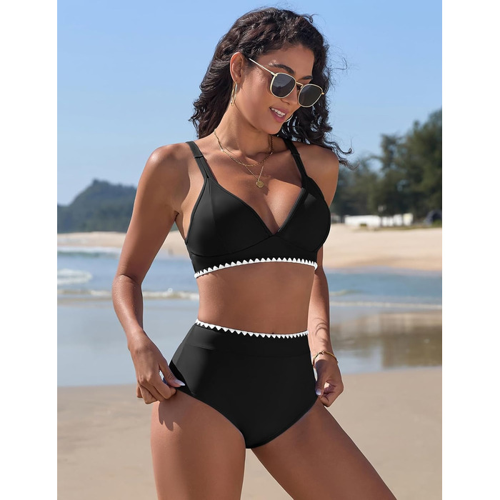 Бікіні жіночий комплект з V-подібним вирізом, двочастинний, з пуш-ап, висока талія, купальник сексуальний з білою мереживом, чорний, розмір S