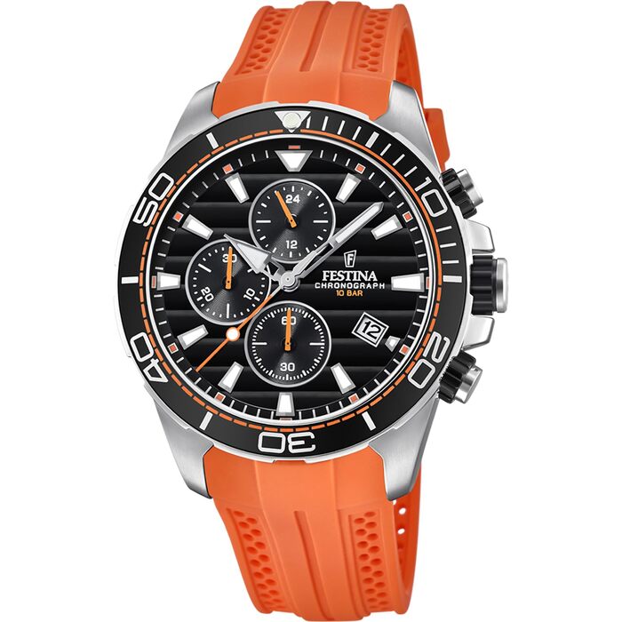 Чоловічий спортивний годинник Festina Chronograph F20370: кварцовий механізм, аналоговий дисплей, водонепроникність 10 ATM, помаранчевий гумовий ремінець