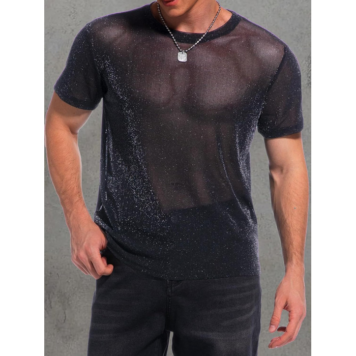 Чоловіча футболка Hawiland з блискітками, сітка, мереживо - для вечірок, клубів, рейв-вечірок. Чорний колір, розмір S