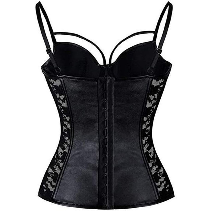 Корсет- бюстгальтер Чені в стилі стимпанк готичний з мережива та штучної шкіри, чорний, розмір S-6XL