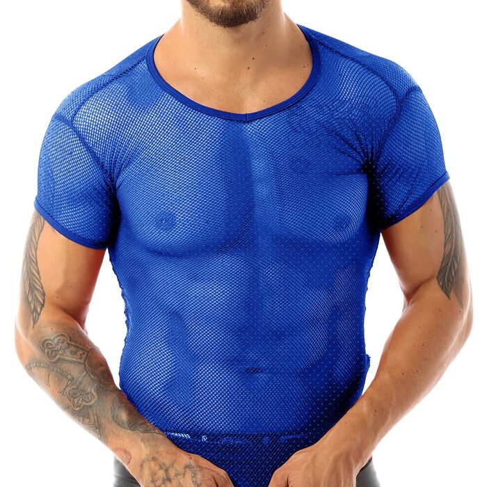 Чоловіча футболка з сіткою, короткий рукав, спортивна сітчаста сорочка для м'язової фігури, блакитна