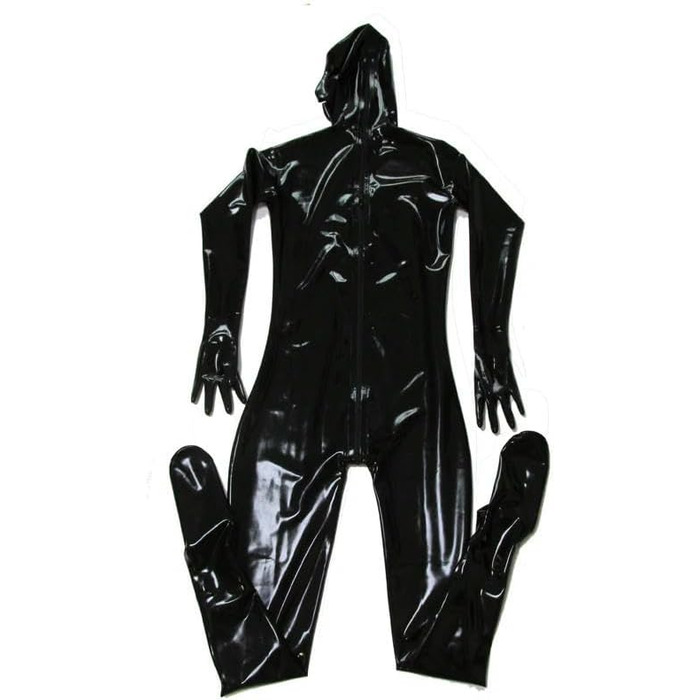 Комбінезон-костюм з латексу для чоловіків GAYLOP з капюшоном, рукавичками та шкарпетками. Чорний латексний боді з капюшоном, повний костюм.