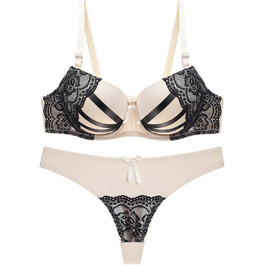 Сексуальна жіноча білизна: комплект з мереживом, V-подібний виріз, push-up, бежевий, Китай, розмір 42