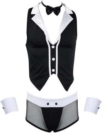 Костюм бармена Freebily 4шт: меш, боксери, краватка, жилет. Чорний. Еротичний костюм для рольових ігор, клубної моди. Розмір універсальний