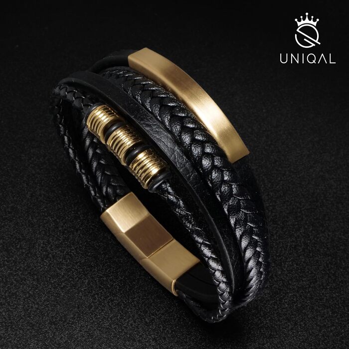 Шкіряний браслет чоловічий UNIQAL 'BLACK SHAPE' із нержавіючої сталі та натуральної шкіри, золотий, 19 см (у подарунковій коробці)