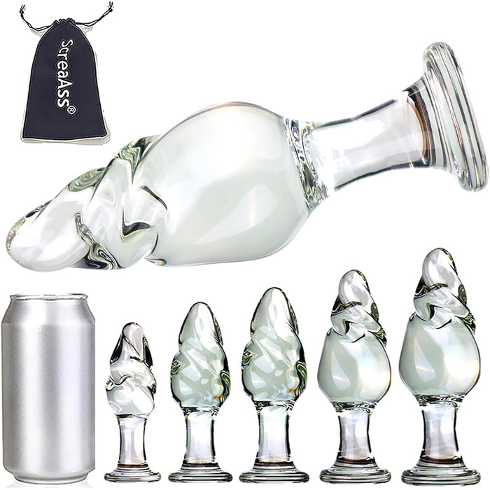 Скляний анальний плагін ScreaAss з спіраллю, набір 5 розмірів (31/35/40/50/60 мм), прозорий, для жінок та чоловіків