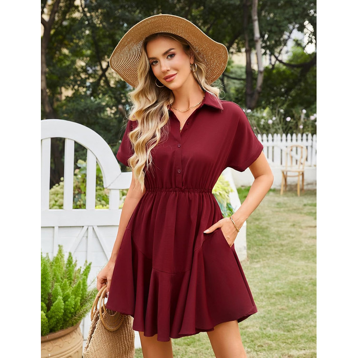 Сукня Beluring Bluenkleid жіноча літня коротка з V-подібним вирізом, червона (S) з кишенями та ґудзиками