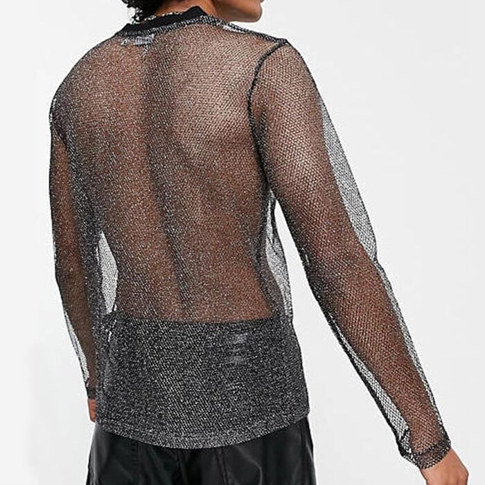 Чоловіча сітчаста футболка AIEOE з блискітками та напиленням, прозора, сітчаста сорочка, короткі/довгі моделі, клубний стиль, прозора сорочка, довгі сорочки з блискітками (XXL)