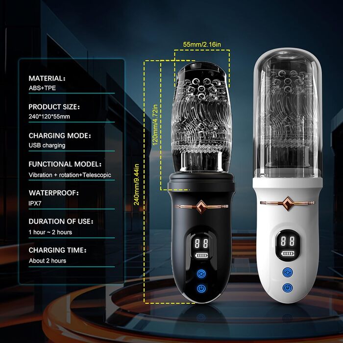 Електричний мастурбатор ChicLSQ з 5 телескопічними секціями, 360° обертанням, 10 вібраціями та функцією 3D-вакуумної стимуляції. З цифровим дисплеєм